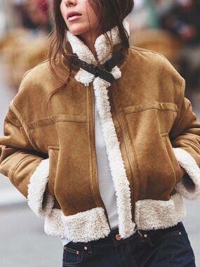 Zara Double Faced Jacket with Central Zip in Brown